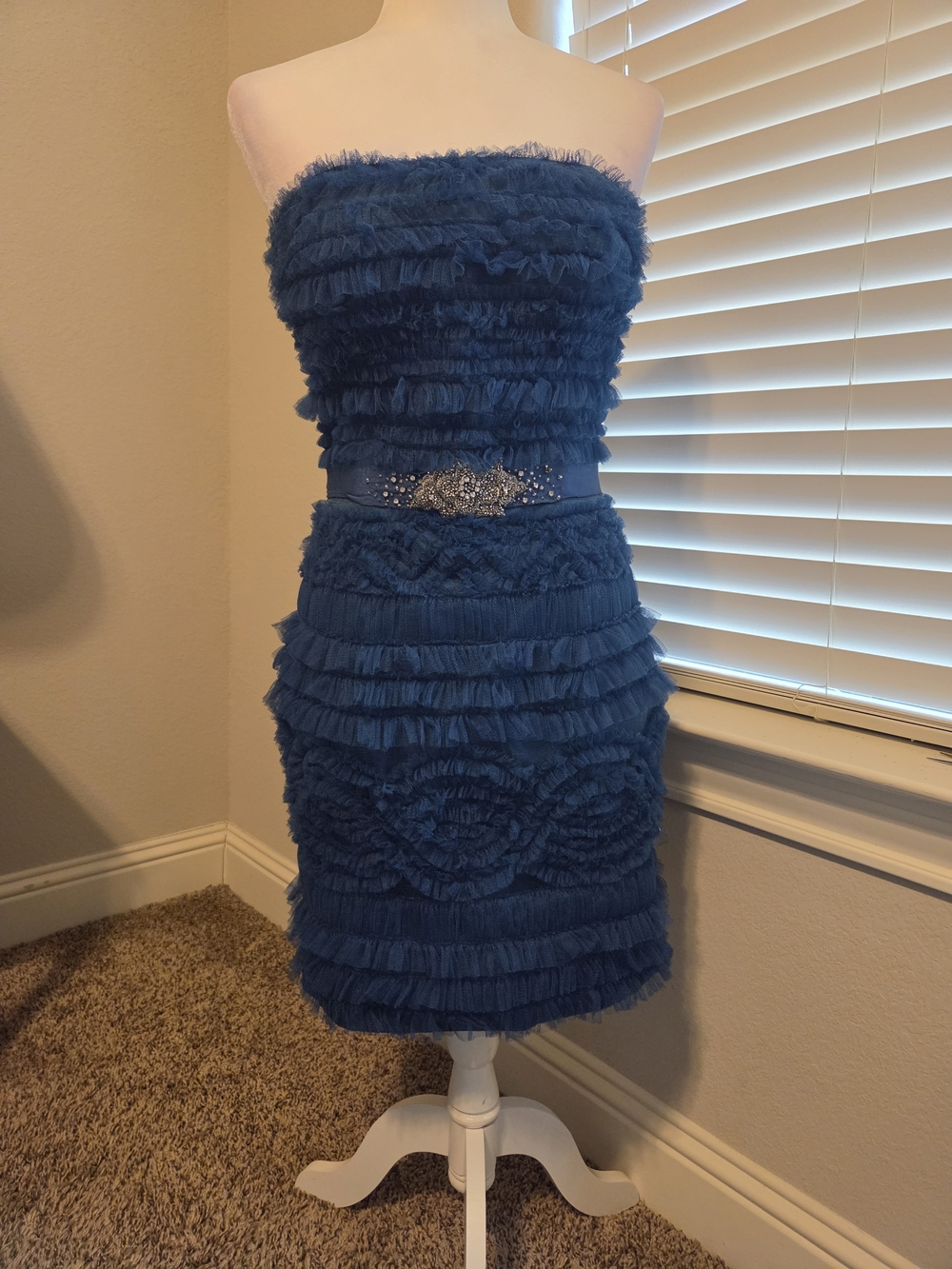 Strapless Ruffle Cocktail Dress in Navy Blue with Embellished Waist